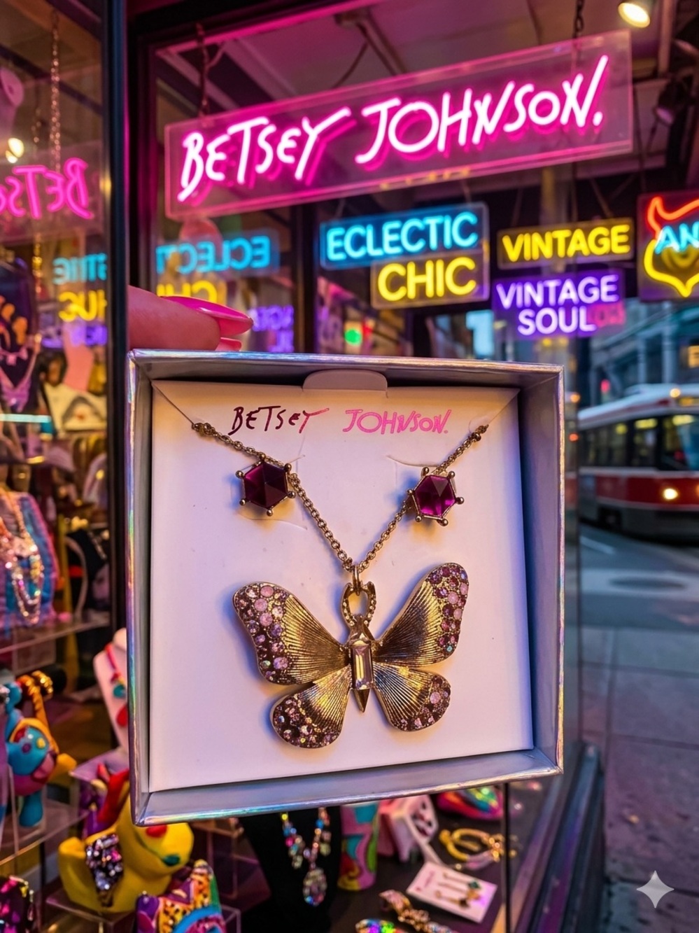 Betsey Johnson Gold-tone Butterfly Necklace & Pink Accent Studs - Picture 1 of 3